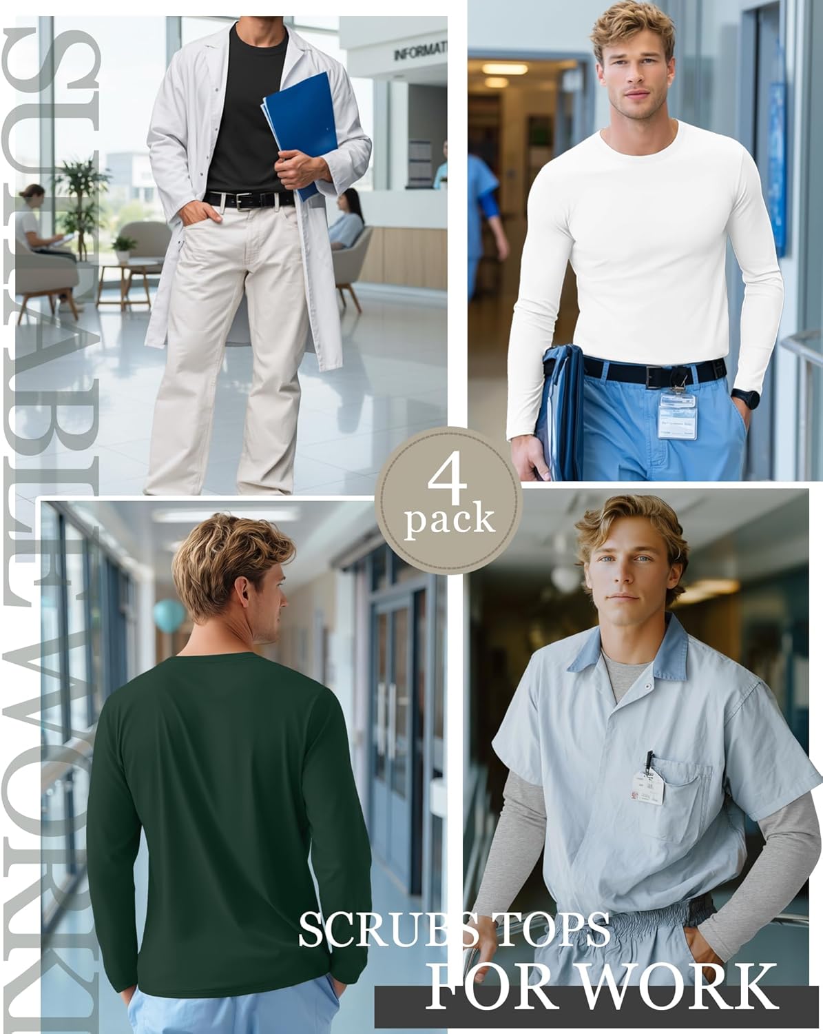 4 Pack Men's Long Sleeve Underscrub Shirts Nurse Crewneck Work Tops Stretchy Laying Undershirts Basic Tee - Image 2