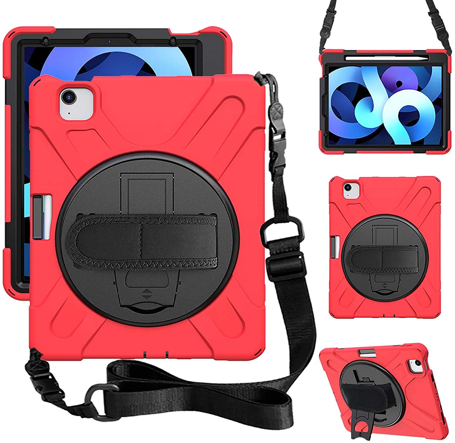AVAKOT iPad Air 4th Generation 10.9" Case 2020 | iPad Pro 11 Inch Case 2nd Generation 2020/2018 Case w/Pencil Holder Stand Hand Shoulder Strap- Red