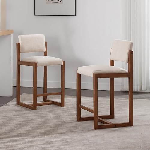Miniatura 9 de LukeAlon Juego de 2 taburetes de mostrador de lino, tapizados de 26 pulgadas de altura de asiento, taburetes de bar con patas de madera, sillas de