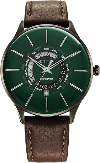 Titan Green Dial World Time with Date Leather Strap Analog Watch for Men-NS90145QL01