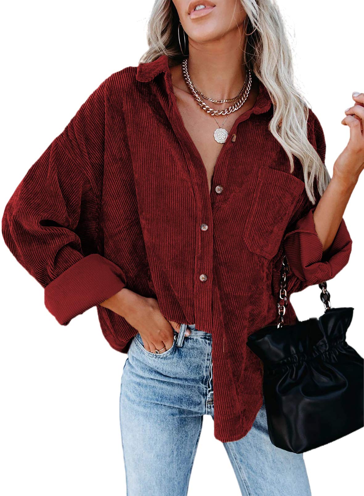 Sidefeel Women Corduroy Long Sleeve Button Down Shirt Oversized Jacket Tops