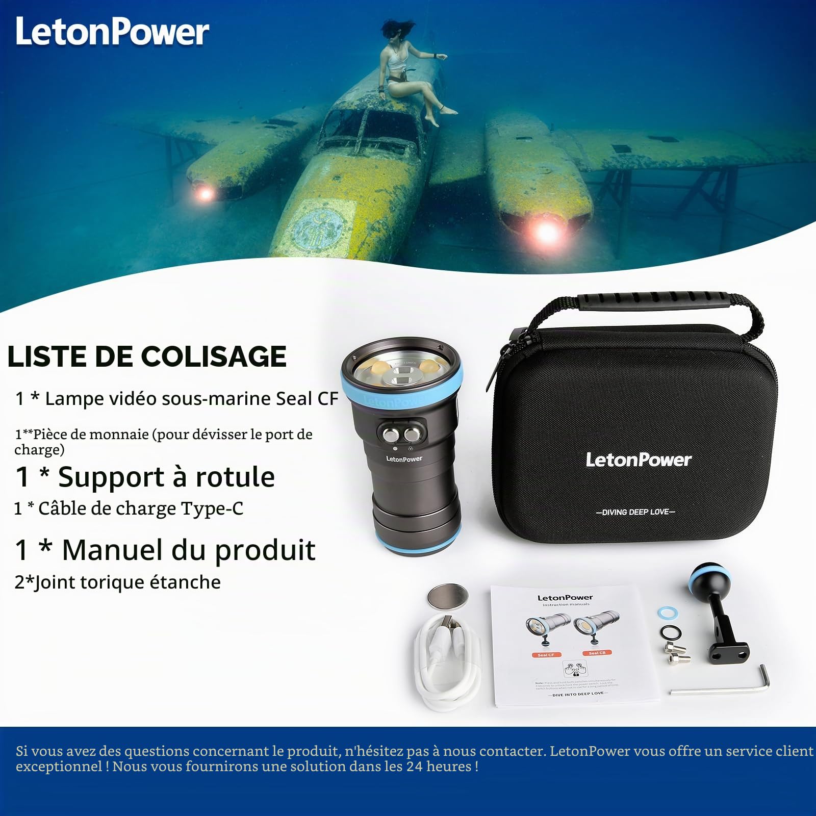 Seal CF Lampe de Plongée 6000 Lumens - Lampe Vidéo 120° à 5500K/96 CRI, Recharge USB-C, Étanche 100m pour Photographie sous-Marine Professionnelle