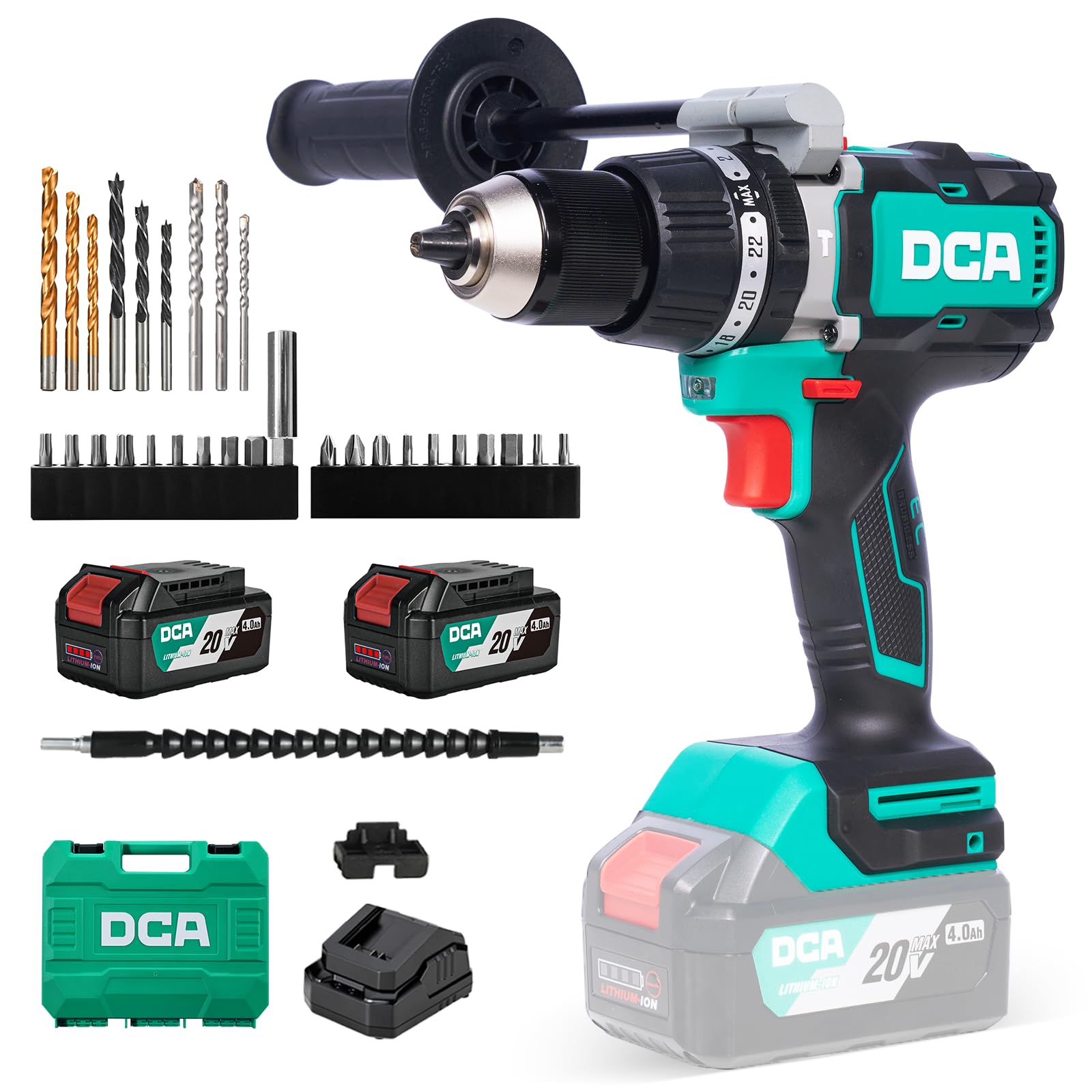 DCA Taladro Percutor Sin Escobillas 20 V, 120 Nm, Portabrocas Metálico 13 mm, Embrague 24+1+1, 32.000 Impactos/min, Con 2 Baterías 4,0 Ah Para Ladrillo, Metal Y Madera