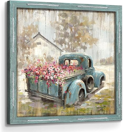 Arte de pared de granja Imagen de madera Granero de granja enmarcada decoración rústica paisaje de campo viejo camión con flores impresión campo disponible en Yaxa Peru