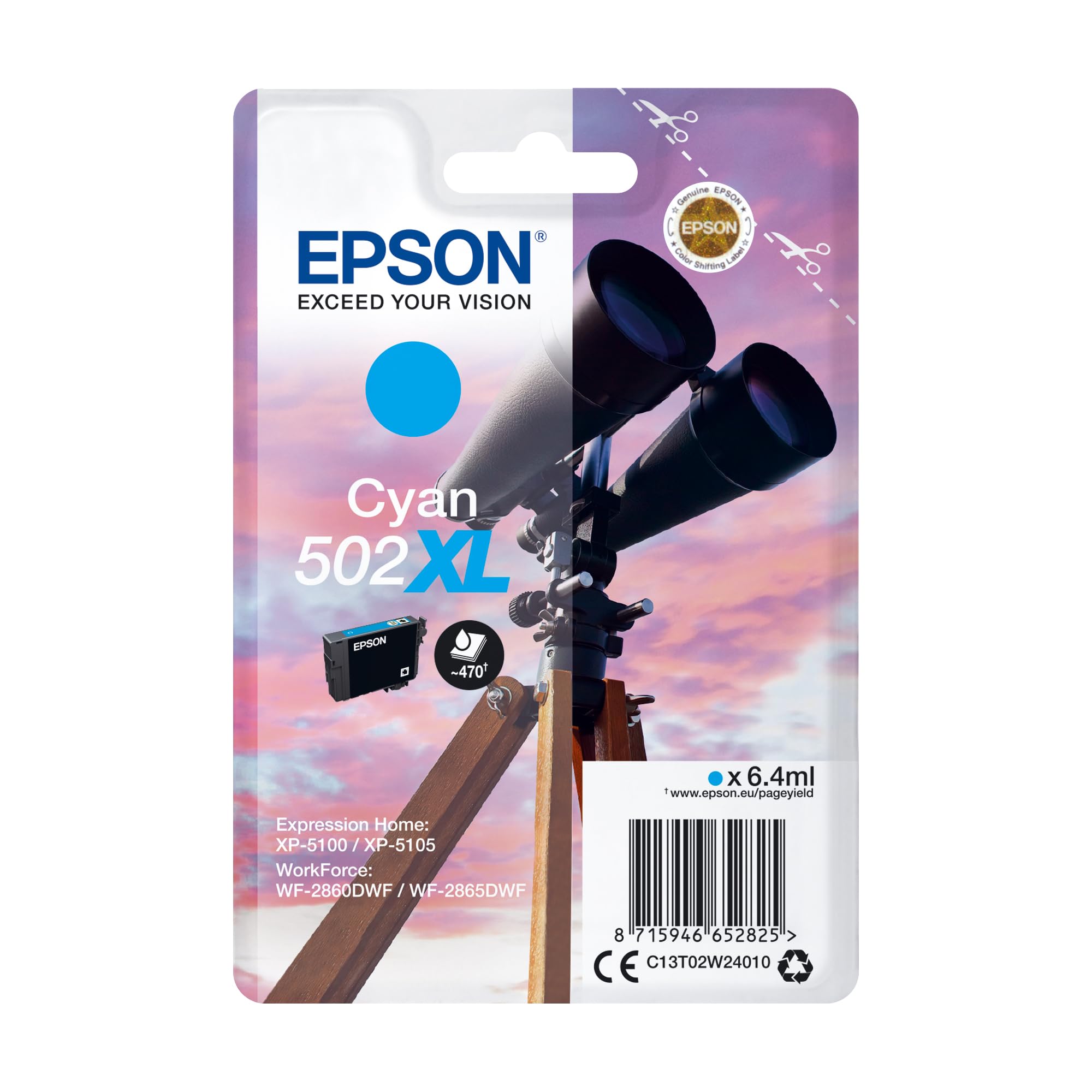 Epson Original 502XL Tinte Fernglas Singlepack Cyan XL, XP-5100 XP-5105 XP-5150 XP-5155 WF-2860DWF WF-2865DWF WF-2880DWF WF-2885DWF, ReadyPrint Flex-Tintentarife