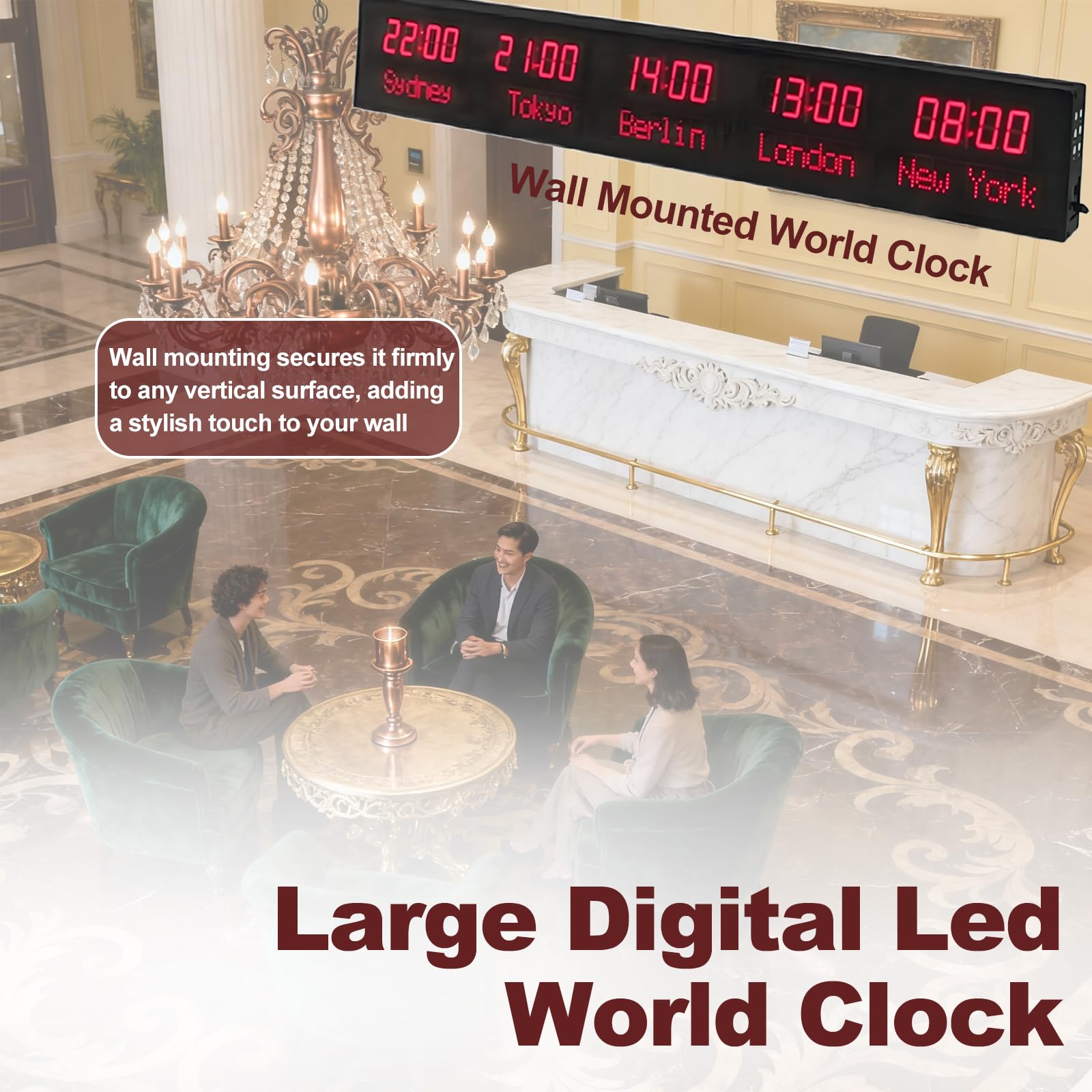 Orologio digitale mondiale, ampio display, luminosità regolabile, alloggiamento in alluminio, fuso orario per hotel, uffici, aeroporti
