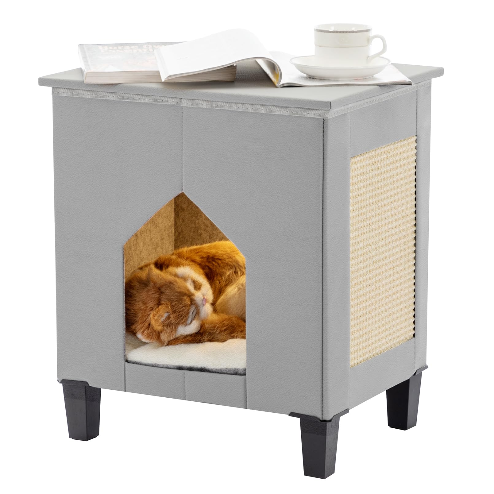 NUROMY Cat House for Indoor Cats Condo,Cat Furniture with Large Area Scratch Pad，Leather Cat Bed Side Table & Nightstand for Living Room and Bedroom