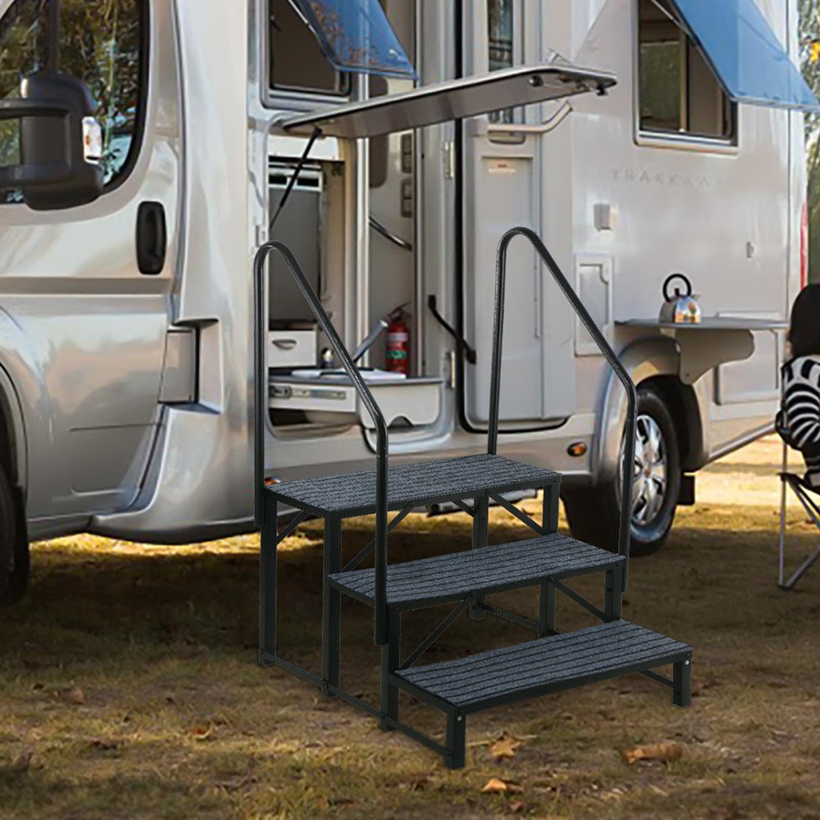 Wohnmobil-Treppe, tragbare 3-stufige Wohnmobilleiter, robuste Wohnwagentreppe mit Handlauf, 200 kg, für Reiseanhänger, Spa, Haustiersicherheit