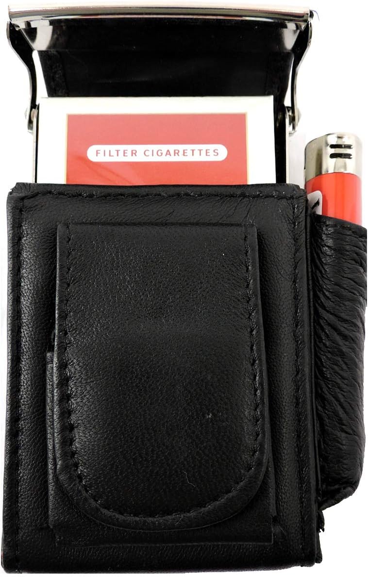 Cigarette Case Holder w Lighter Women Leather Cigarettes 100s Pack Purse Pouch Coin Ciggerate Wallet Framed Cases (4.5 * 3 * 1", Black w Flap)