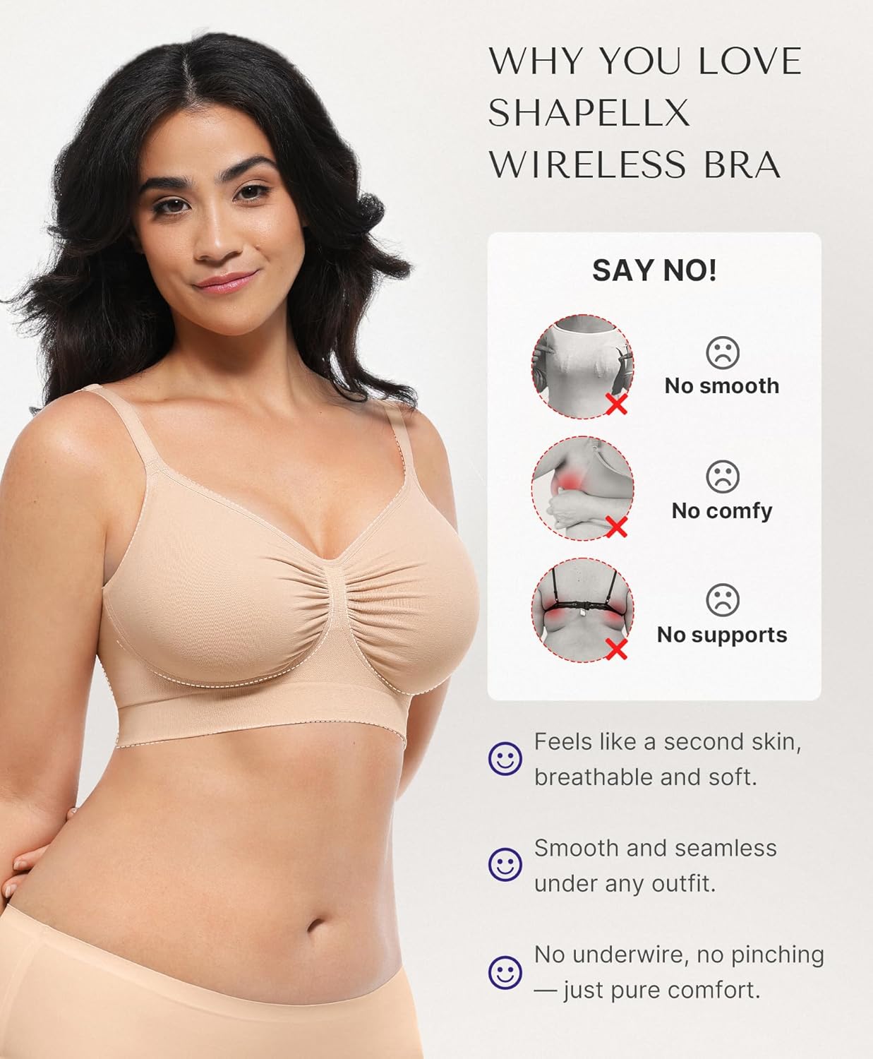 SHAPELLX Wireless Comfy Bra for Womens Breathable Seamless Bra Non Padded Comfortable Soft Bralette V Neck Everyday Bras Nude XL - Image 2