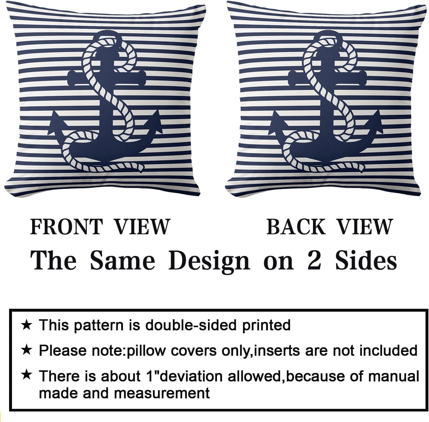 Nautical Navy Blue White Stripes and Blue Anchor Outdoor Pillow Covers 20 x 20inches Square Decorative Pillow Case for Sofa Couch Bed (Pillow Insert Not Include)