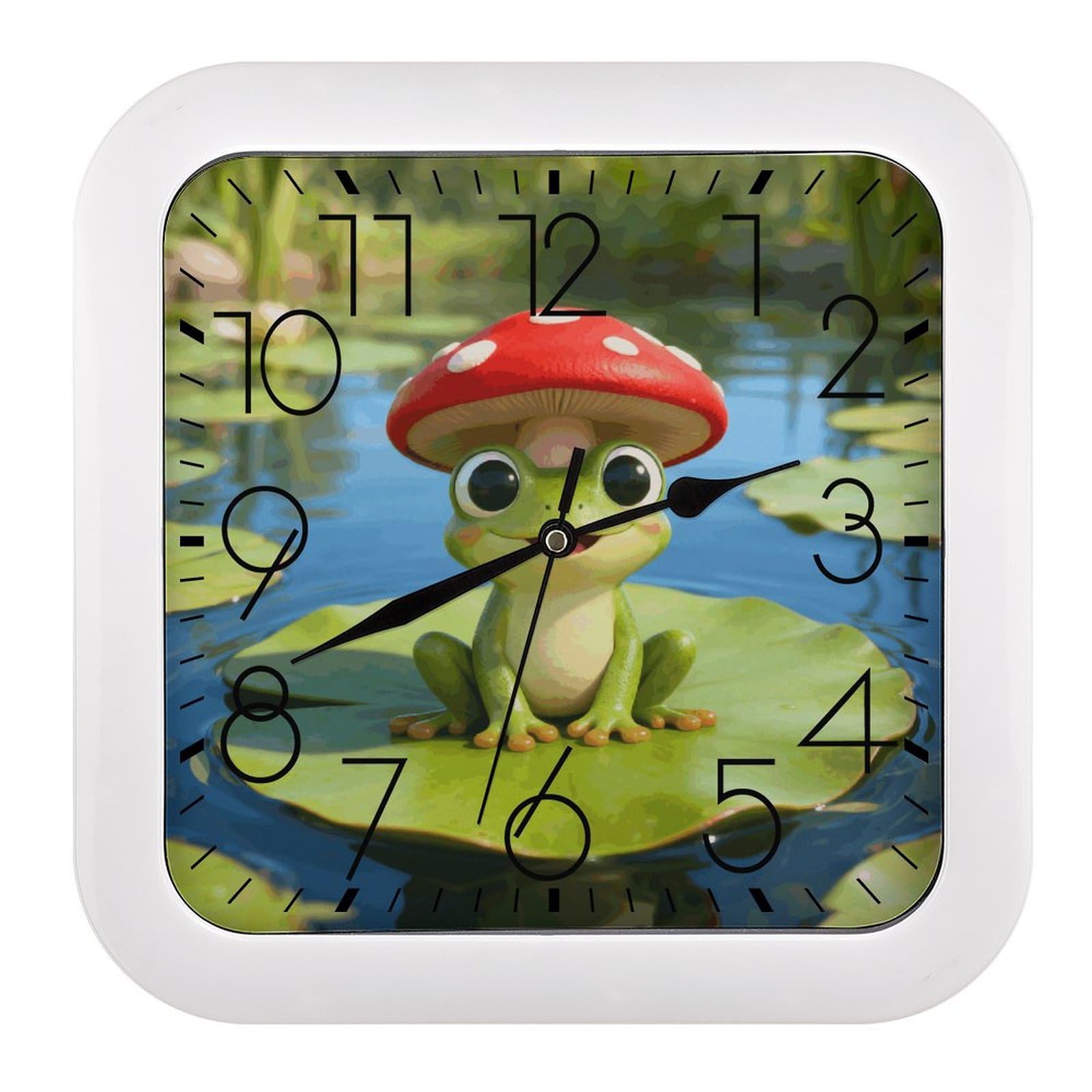 LZQPOEAS Cute Frog Red Mushroom Square Wall Clock, 10.2 Inch Battery Operated Silent Non-Ticking Wall Clock, Square Analog Decorative Clock for Home Wall Art, Living Room, Bedroom, and Office