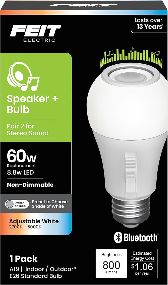 Bombilla LED A19, Altavoz Bluetooth Incorporado, 60W Eq, 5CCT | Blanco seleccionable, 800 lúmenes, base E26, 8,8 W, transmisión de audio inalámbrica, emparejamiento estéreo, vida útil de 15 000 horas