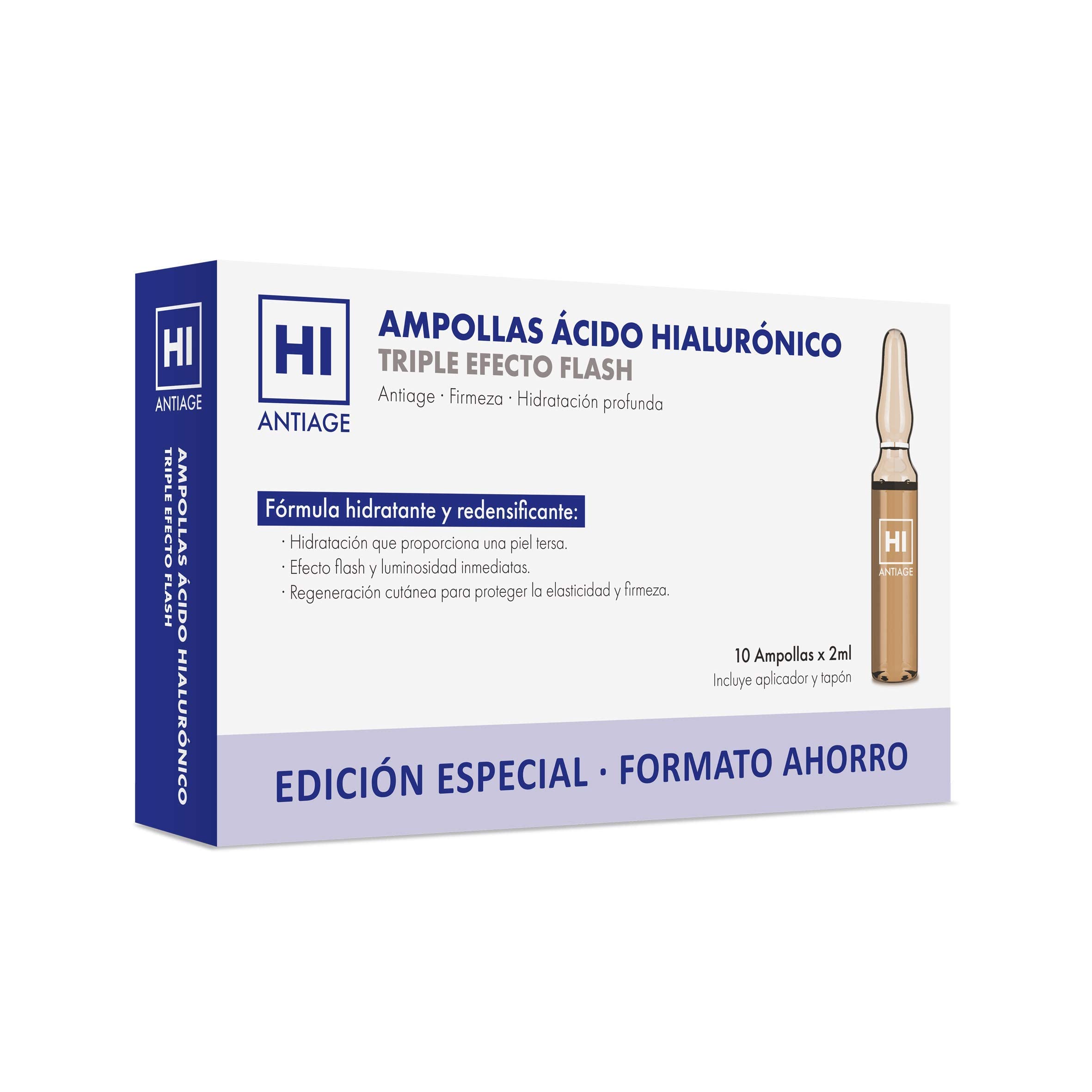 HI Antiage Ampollas Ácido Hialurónico Triple Efecto Flash - Edición Especial, Transparente, 10 Unidades x 2 Ml
