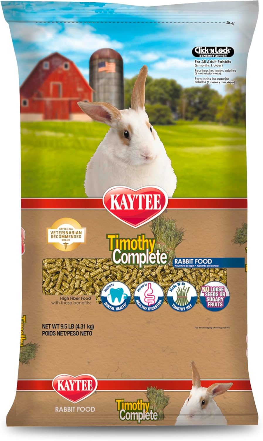 Kaytee Timothy Complete Rabbit Food, Made with Timothy Hay, High in Fiber, Supports Dental Health and Digestion, 9.5 pounds