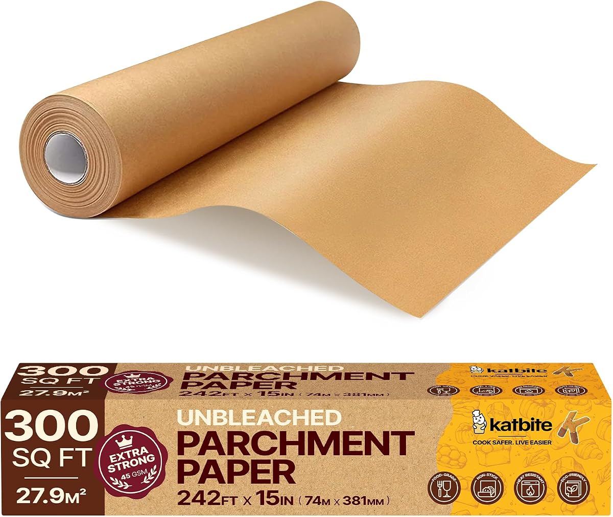 Rollo de papel pergamino sin blanquear, 15 pulgadas x 242 pies, 300 pies cuadrados, antiadherente con cortador dentado para hornear, cocinar, freidora | Papel para hornear antiadherente resistente con cortador dentado para hornear, cocinar y freír al aire