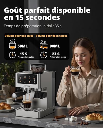 AIRMSEN Espresso Coffee Maker with Conical Grinder and Milk Steamer – 20 Bars, Programmable, Color Touch Screen, Cold Brew and American Compatible, Stainless Steel, 1.8L Tank - 5
