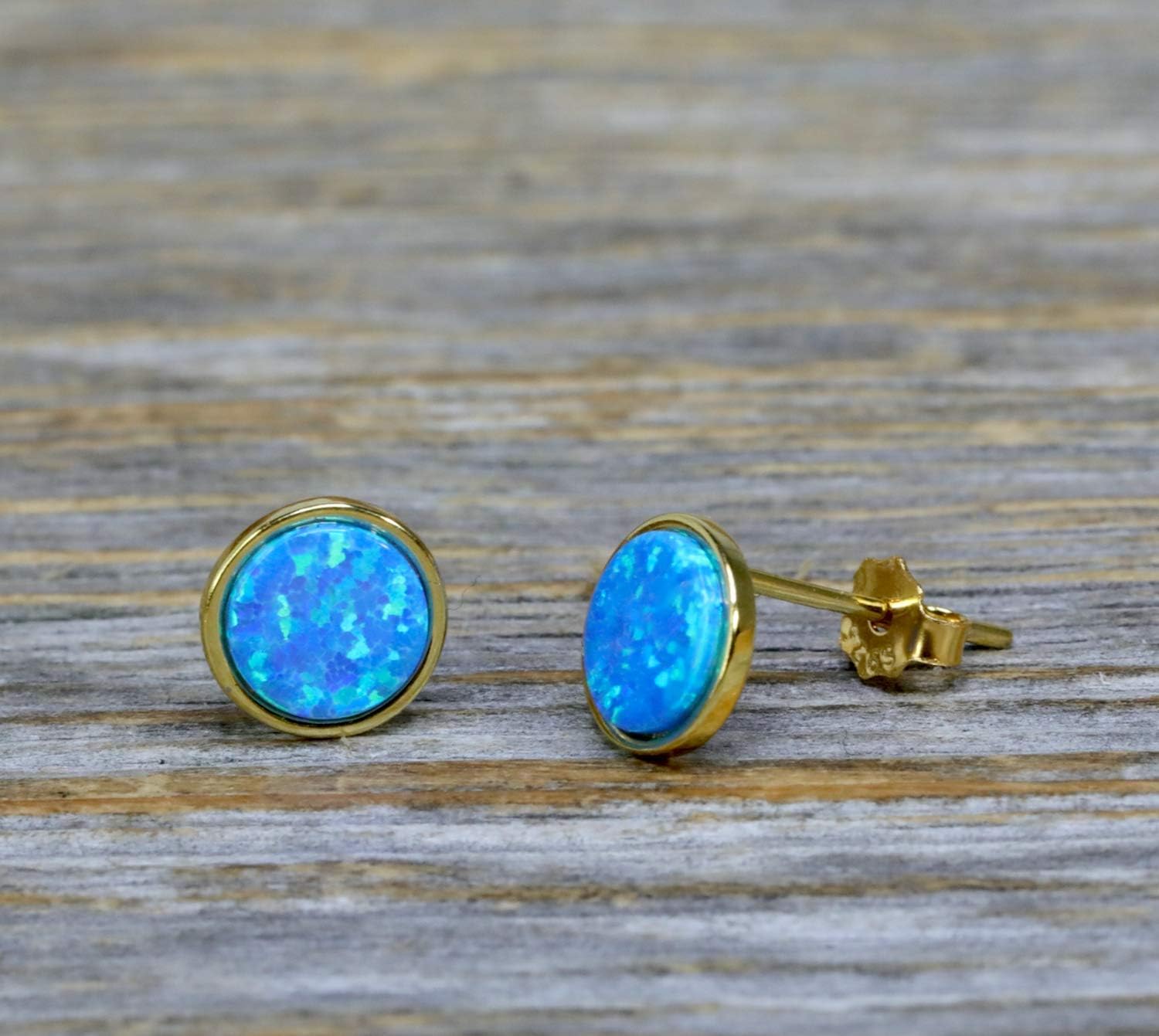 Blue Opal Stud Earrings- 7mm- Bezel Set- 14k gold overlay on 925 Sterling Silver- Teacher Gift- Graduation- Mothers Day - Image 5