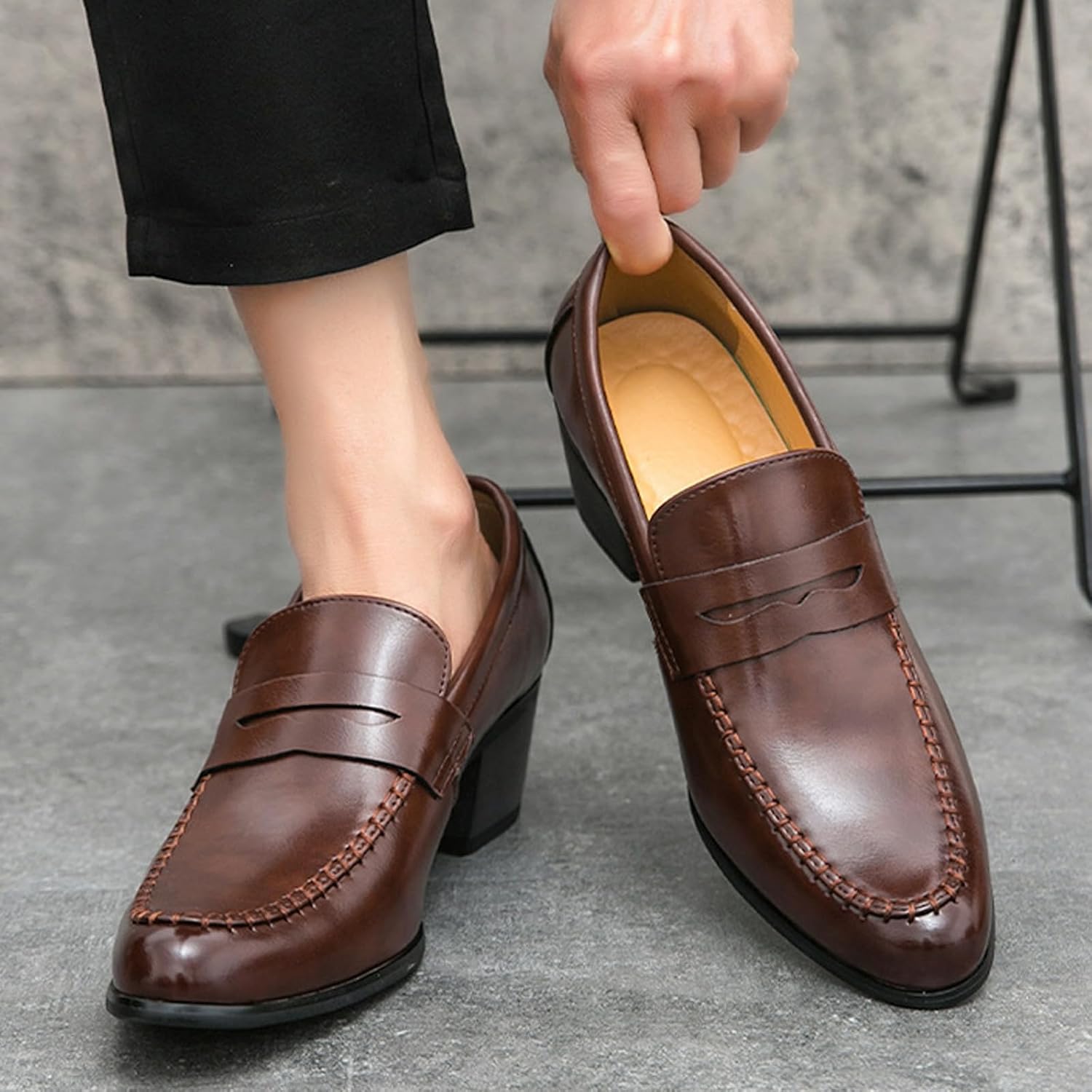 Men's Leather Block Mid-Heel Slip-On Formal Loafers Shoes Retro Handmade Pointed Chunky Heel Non-Slip Slip On Low Top Business Chelsea Oxford Shoes for Work Party Wedding Office - Image 6