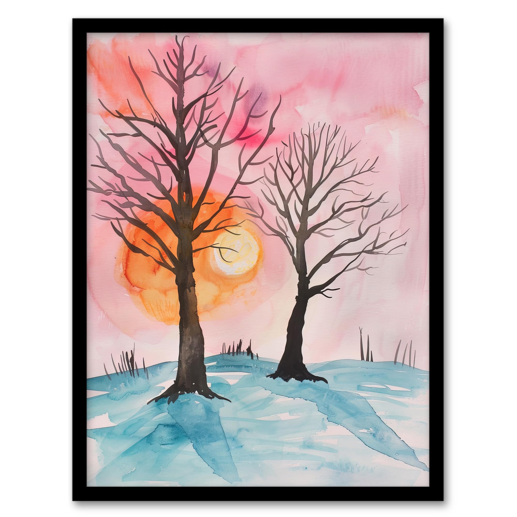 Artery8 Two Trees Misty Sunset Winter Snow Landscape Living Room Artwork Framed Wall Art Print 18X24 Inch