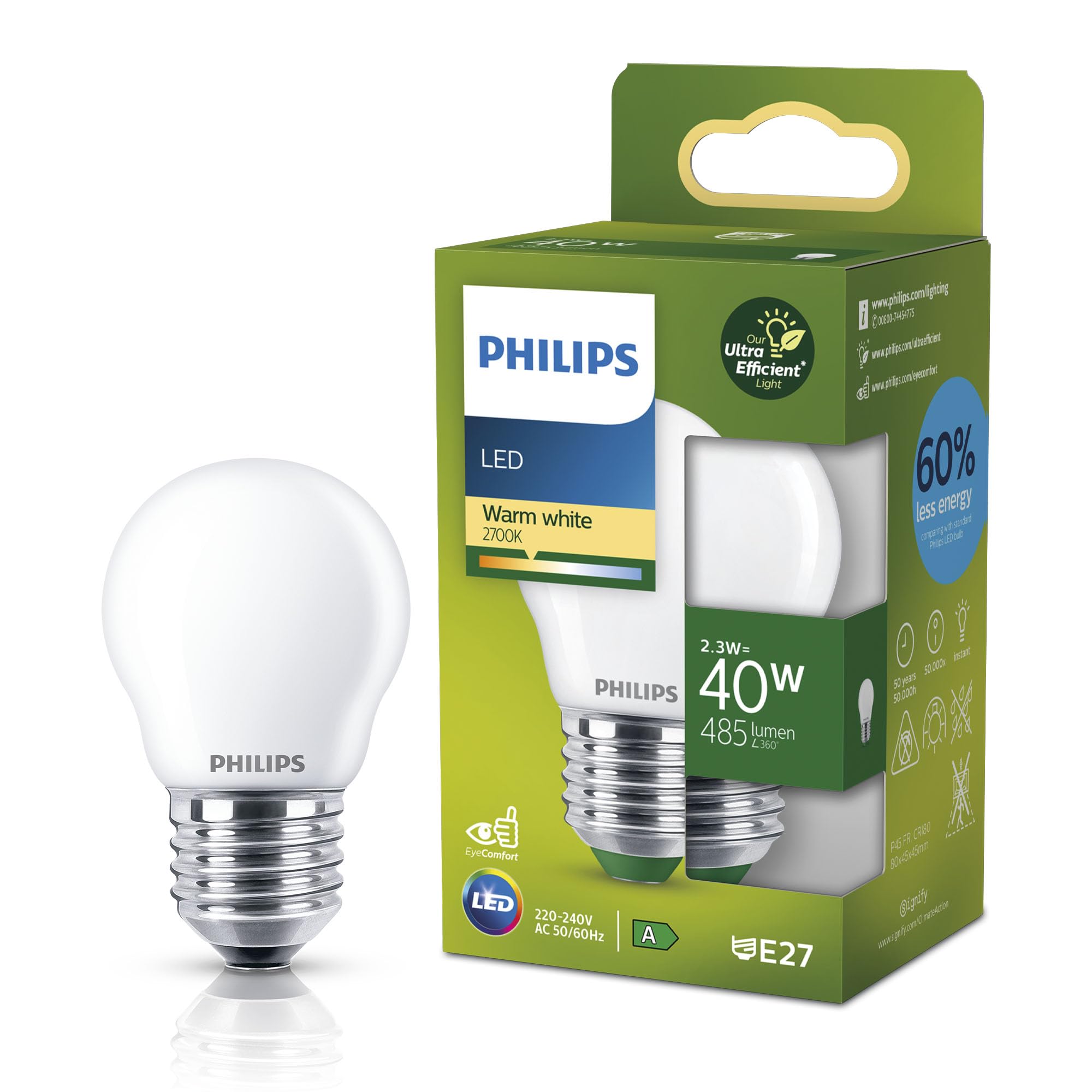 Philips Classic Ultra-efficient LED Bulb with Energy Efficiency Class A, E27 Base, Replaces 40W, Frosted, Warm White Light, Teardrop Shape