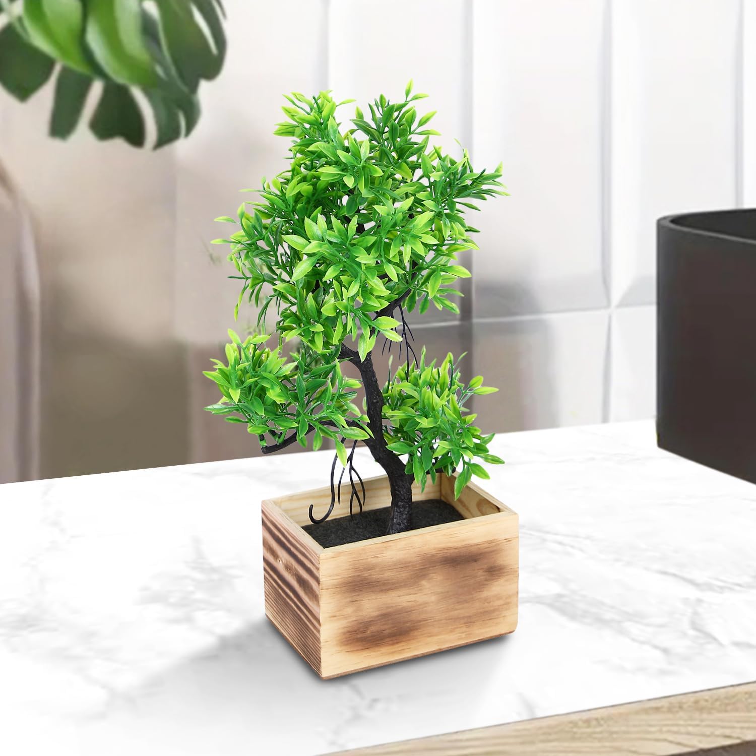 Amazon Basics Artificial Green Tree in Wooden Rectangular Tray | Realistic 30 cm Faux Greenery | Stylish & Compact | Zero Maintainance | Indoor, Outdoor, Home & Office Dรฉcor