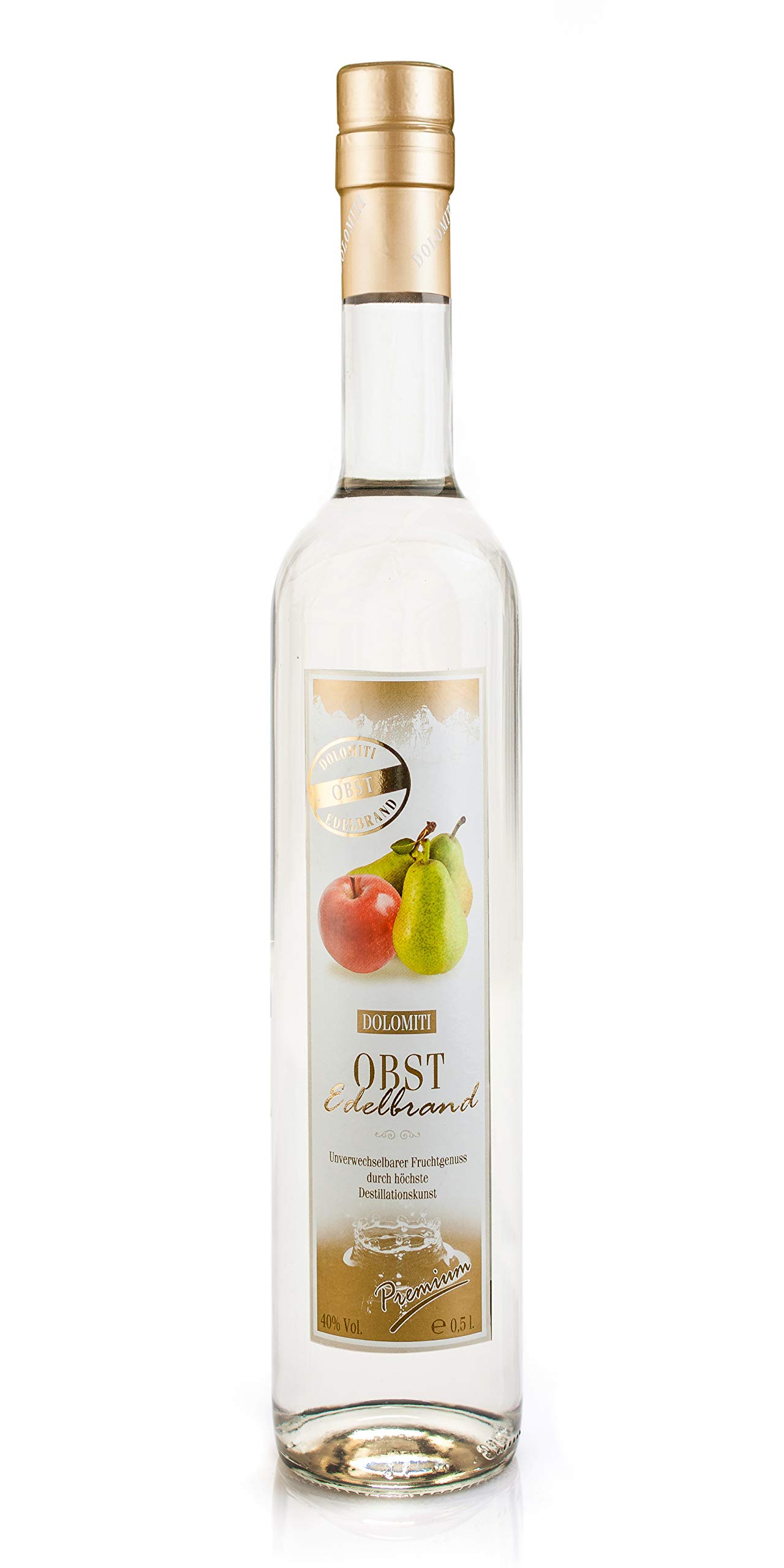 DOLOMITI Obst-Edelbrand 40% vol. – Obstbrand aus Äpfeln & Birnen – 1 x 0,5 Liter – modernste Brenntechnik – unter Vakuum mehrfach destilliert – hergestellt in Österreich