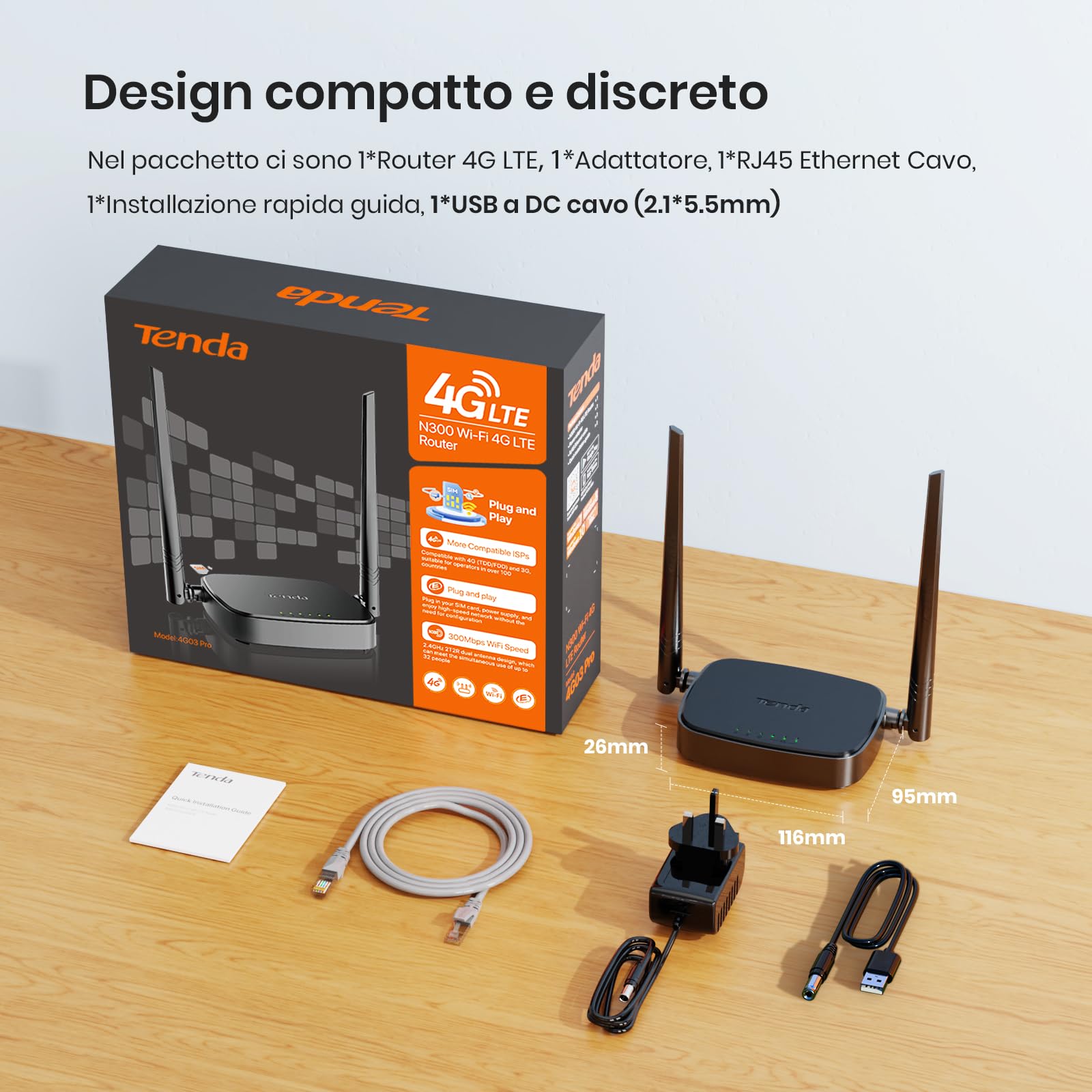 Tenda 4G03 Pro - Router WiFi con SIM, Router LTE CAT4, Velocità WiFi fino a 300 Mbps, Due Antenne Esterne, Plug&Play, Porta Ethernet LAN/WAN, Ricarica con Power Bank, Compatibile con Diversi Operatori