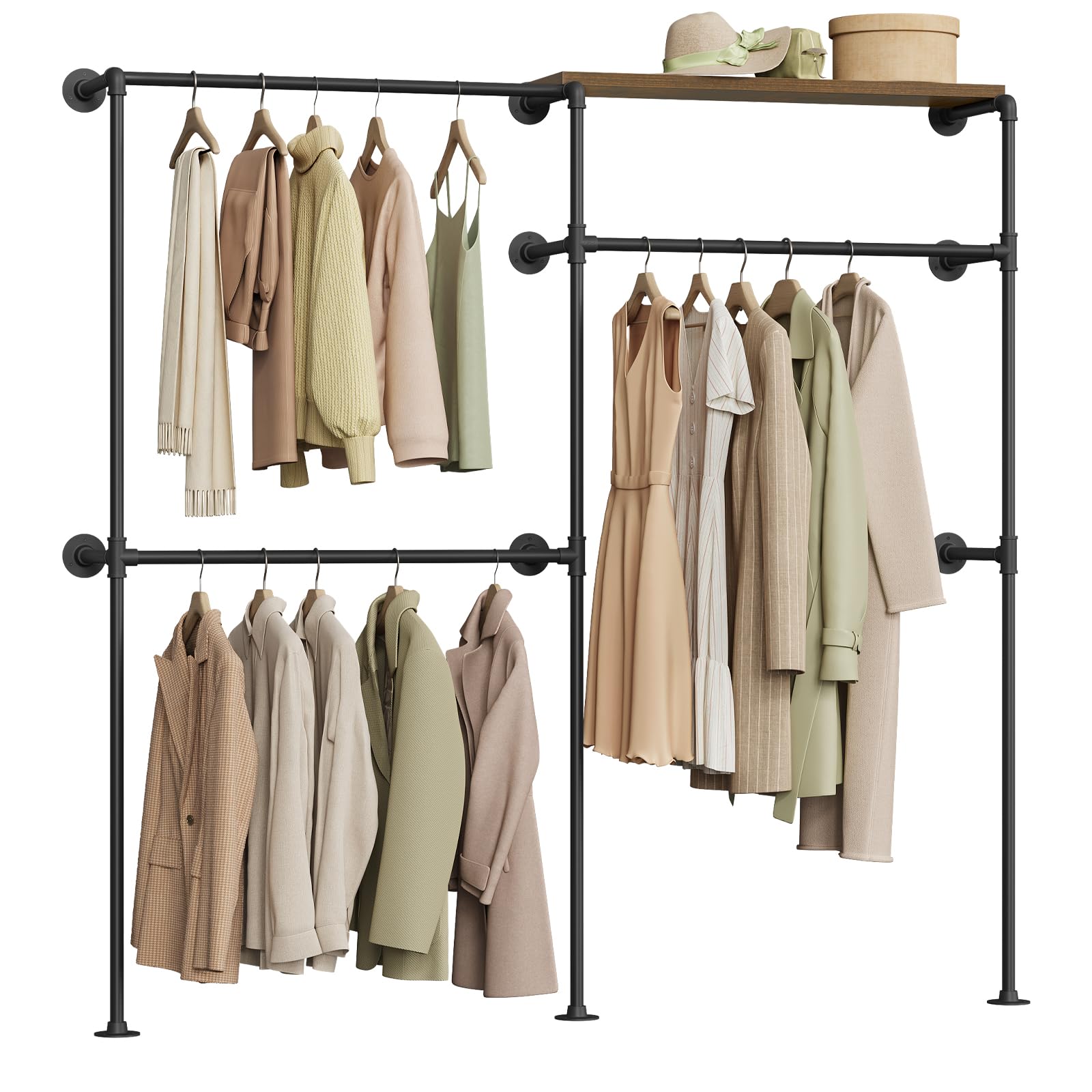 WOLTU Perchero de Pared, Armario Abierto, Perchero con Estante, Burro para Ropa, Barra de Colgar de Tubos Metálicos, Diseño Industrial y Vintage, Negro + Marrón Rústico