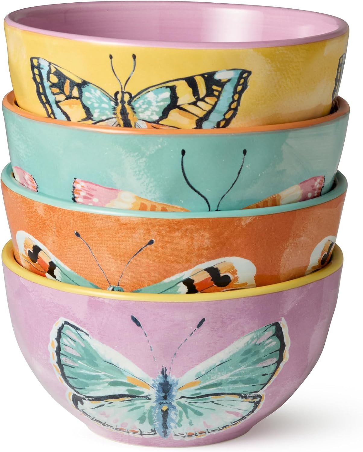 Certified International Butterflies Set of 4 Ice Cream Bowls – 24oz Butterfly Design in Yellow, Pink, Orange, and Aqua – Diswhaser and Microwave Safe Pairs with matching mugs