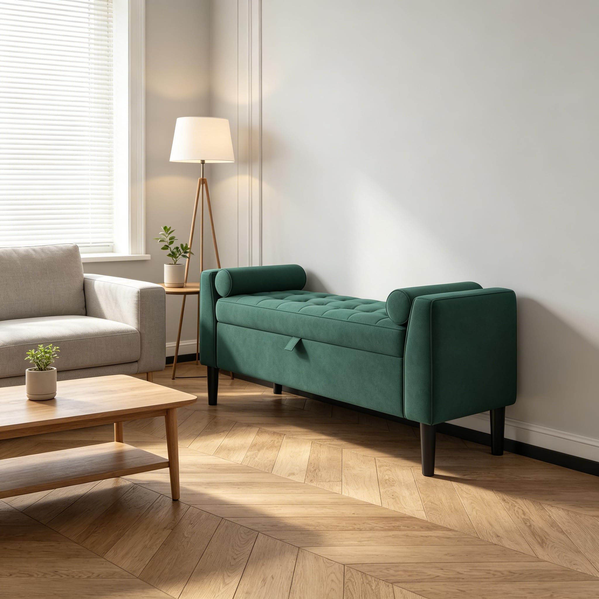 Sitzbank mit Stauraum (118cm), Polsterbank & Sitztruhe aus Samt mit Armlehnen und Holzbeinen, Truhenbank als Schuhbank, Bettbank & Garderobenbank für Flur, Schlaf- & Wohnzimmer (Grün)