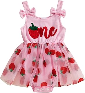 Baby Girl Strawberry Romper Dress Smocked Tutu Bodysuit Fruit Overalls Strawberry Birthday Outfit Summer Clothes - Buy now