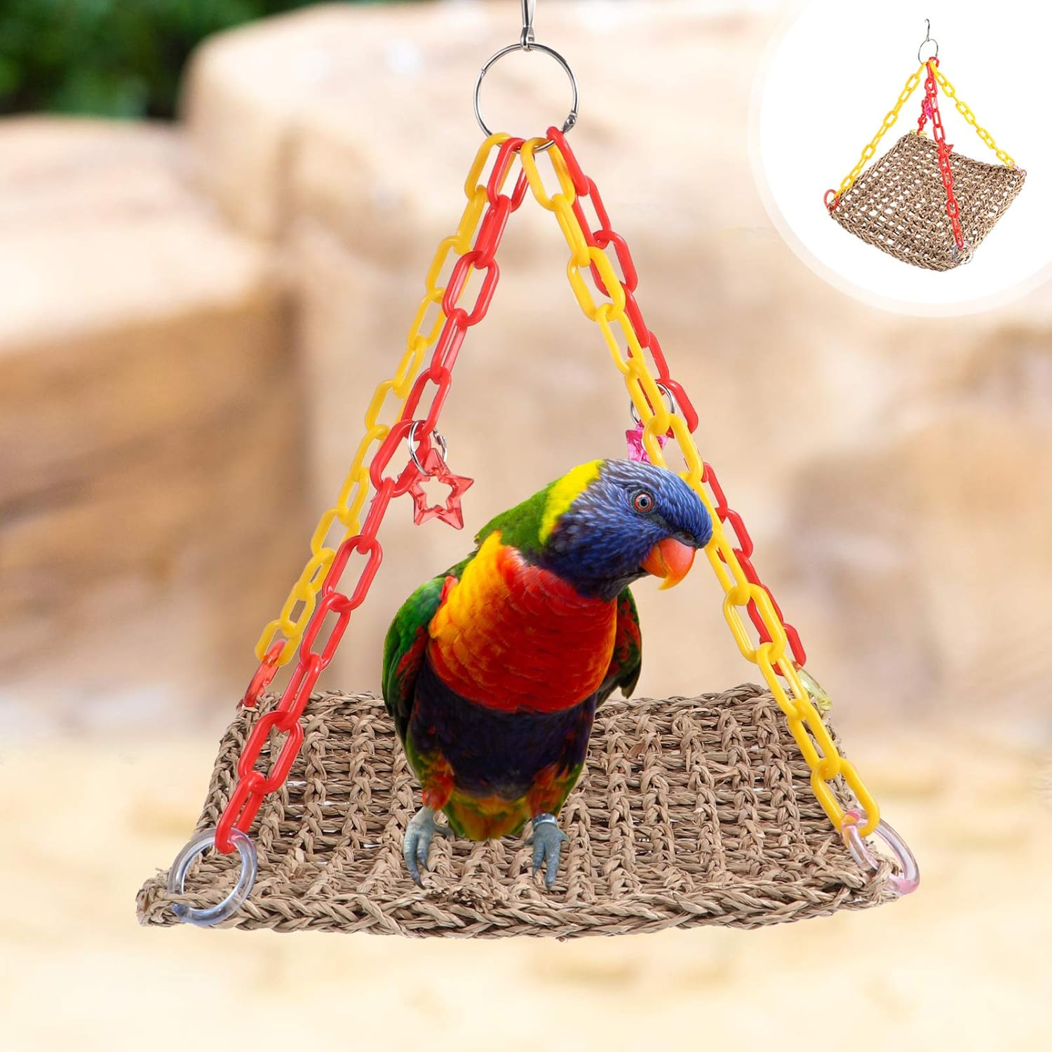 POPETPOP Bird Swing Toys: Straw Rope Parrot Hammock Swing Mats for Lovebird Cockatiel