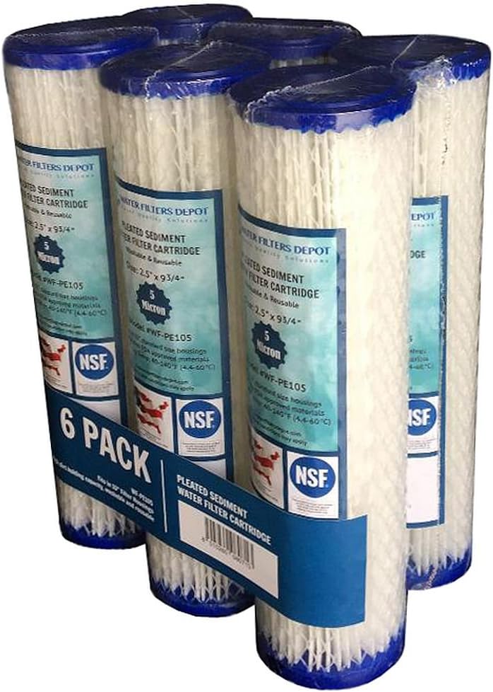 WFD, WF-PE105 2.5"x9-3/4" 5 Micron Pleated Sediment Water Filter Cartridge, Fits in 10" Standard Size Housings of Undersink RO or Filtration Systems (6 Pack, 5 Micron)