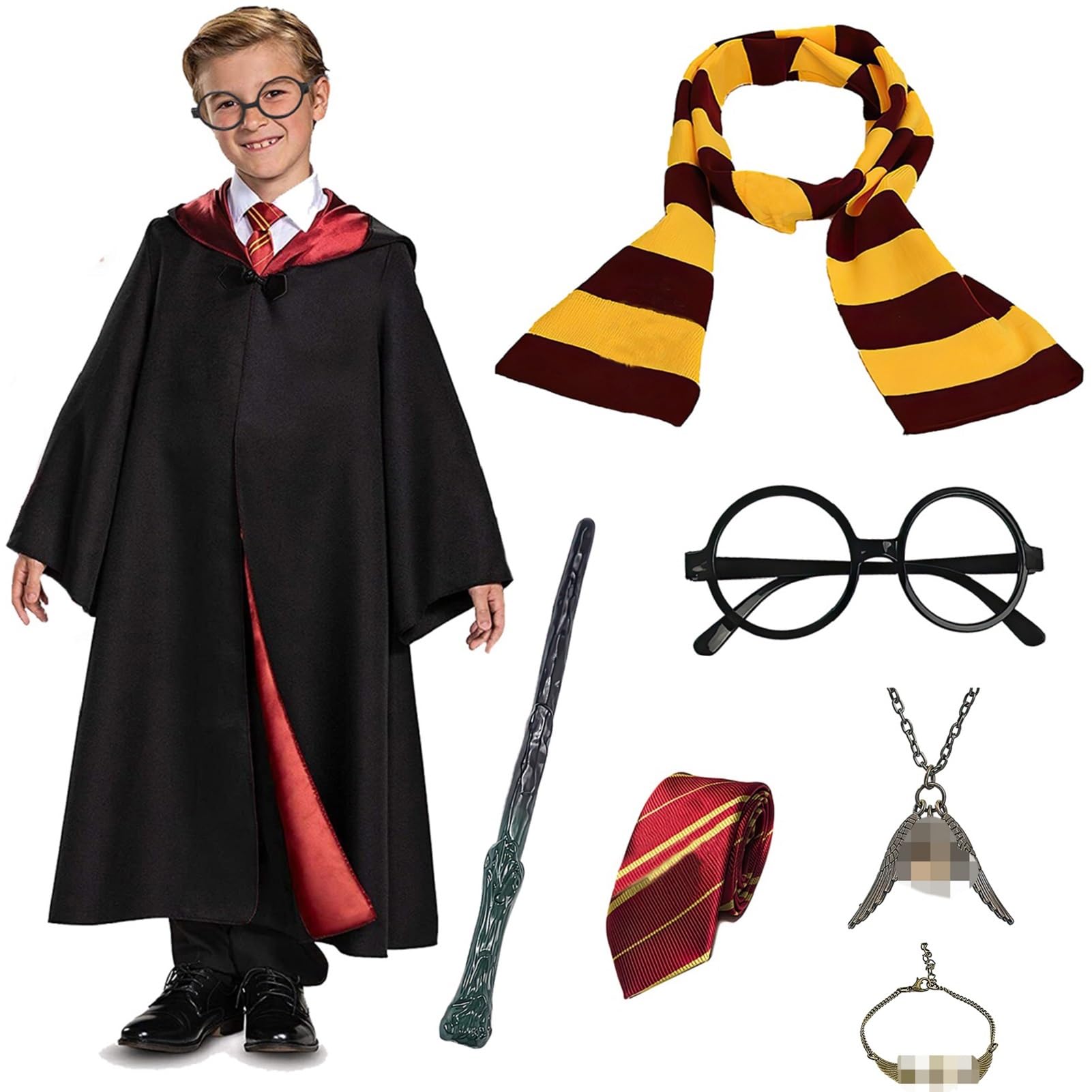 Wizard Robe Costume for Kids Boys Girls Magician Cloak Magic Hooded Cape Set with Tie Wand for Halloween Cosplay