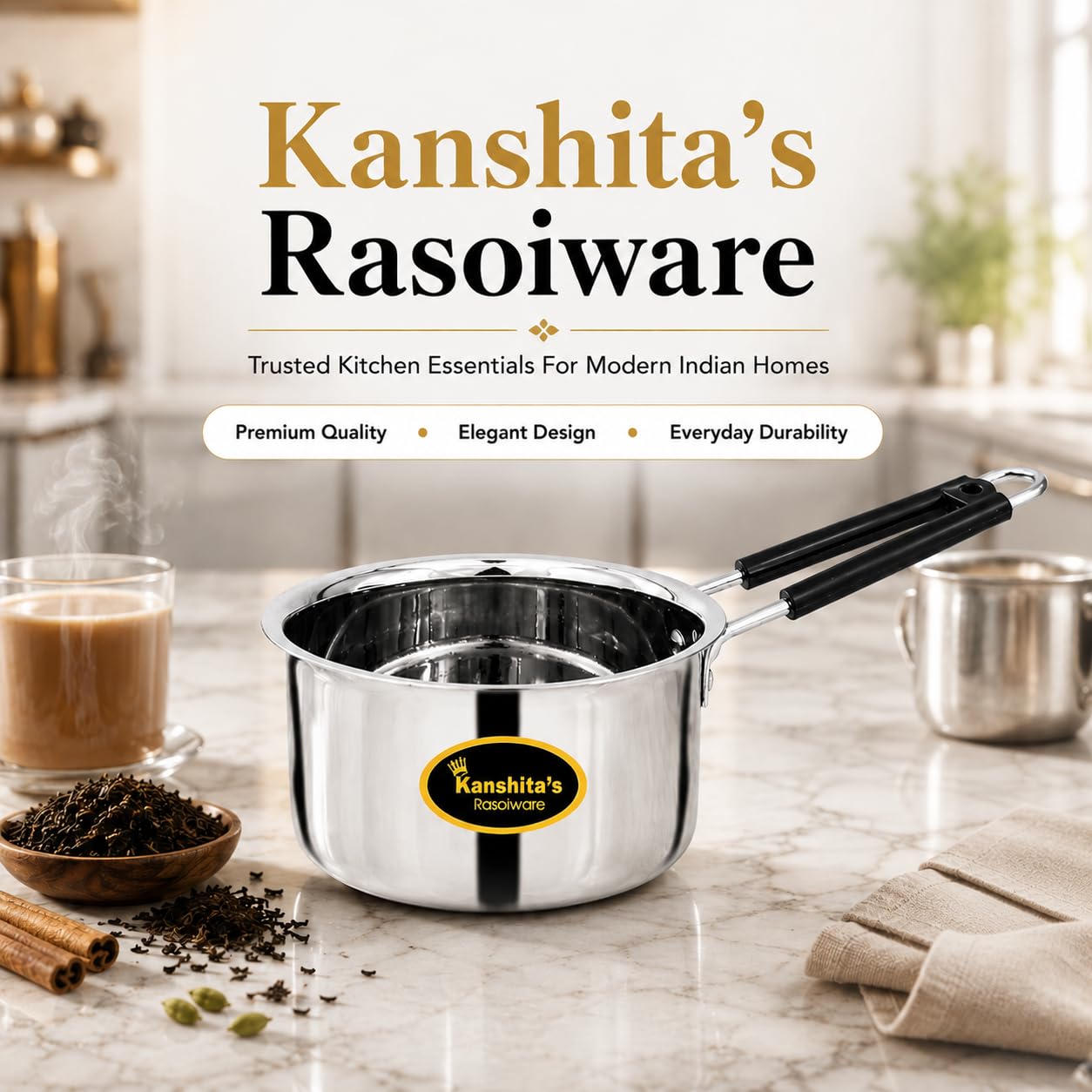 Kanshita's Rasoiware Cacerola de acero inoxidable de gran calibre, cacerola de té, utensilios de cocina de inducción de 750 ml