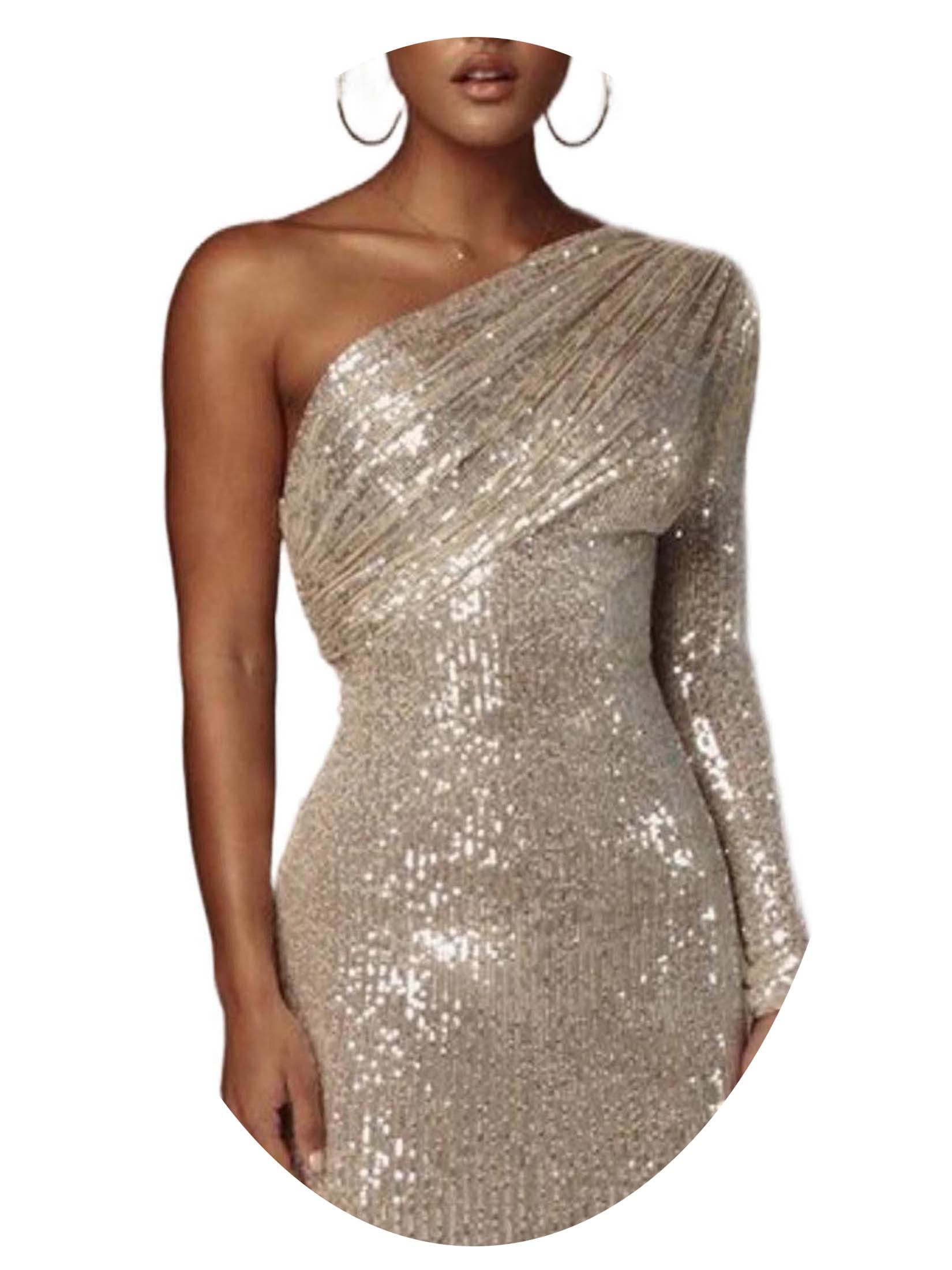Woeoe Women's Sexy Glitter Sequin Dress Long Sleeve Bodycon Party Dress Stretchy One Shoulder Cocktail Night Club Outfits
