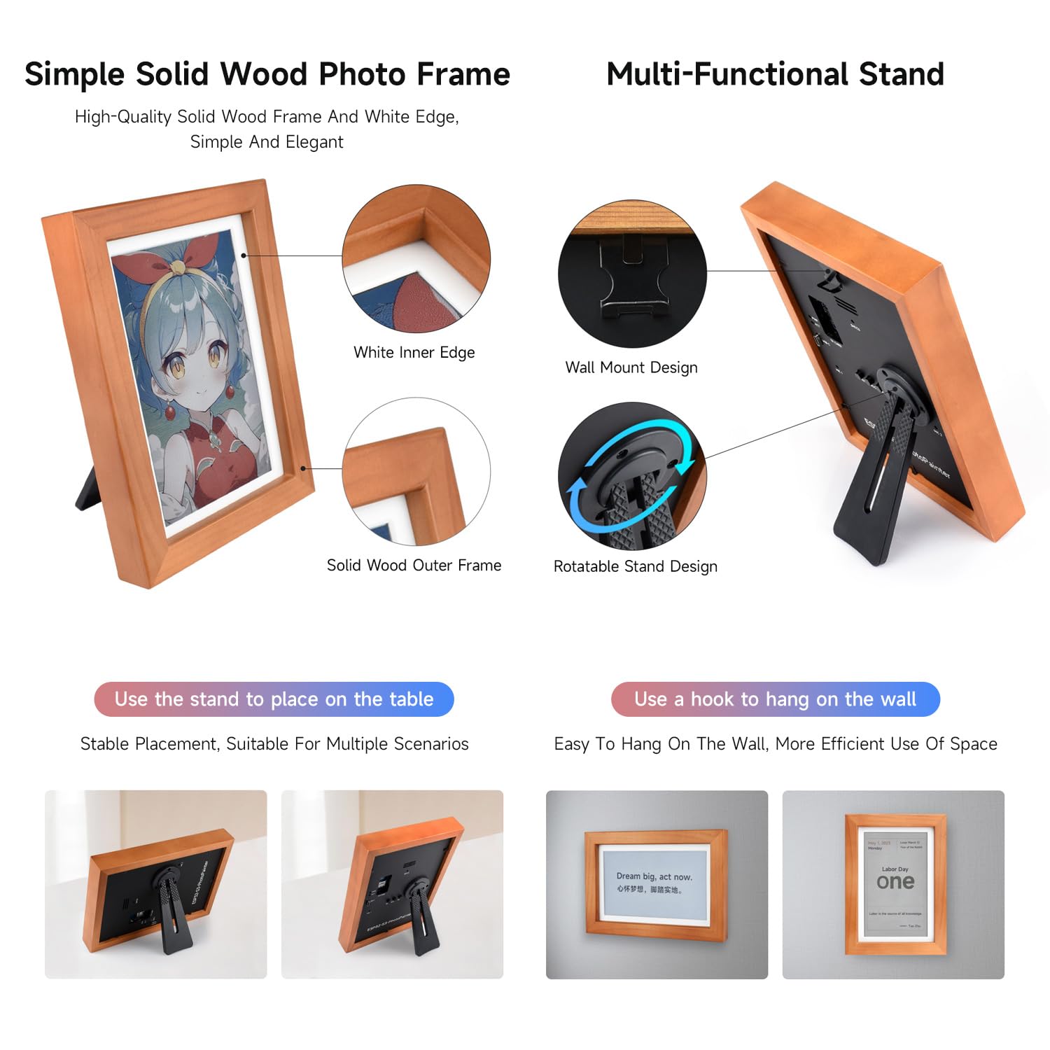 Waveshare ESP32-S3-PhotoPainter 7.3inch E6 Full Color E-Paper Display with Solid Wood Photo Frame, Ultra-Long Standby, 800 × 480 Resolution, No Bat
