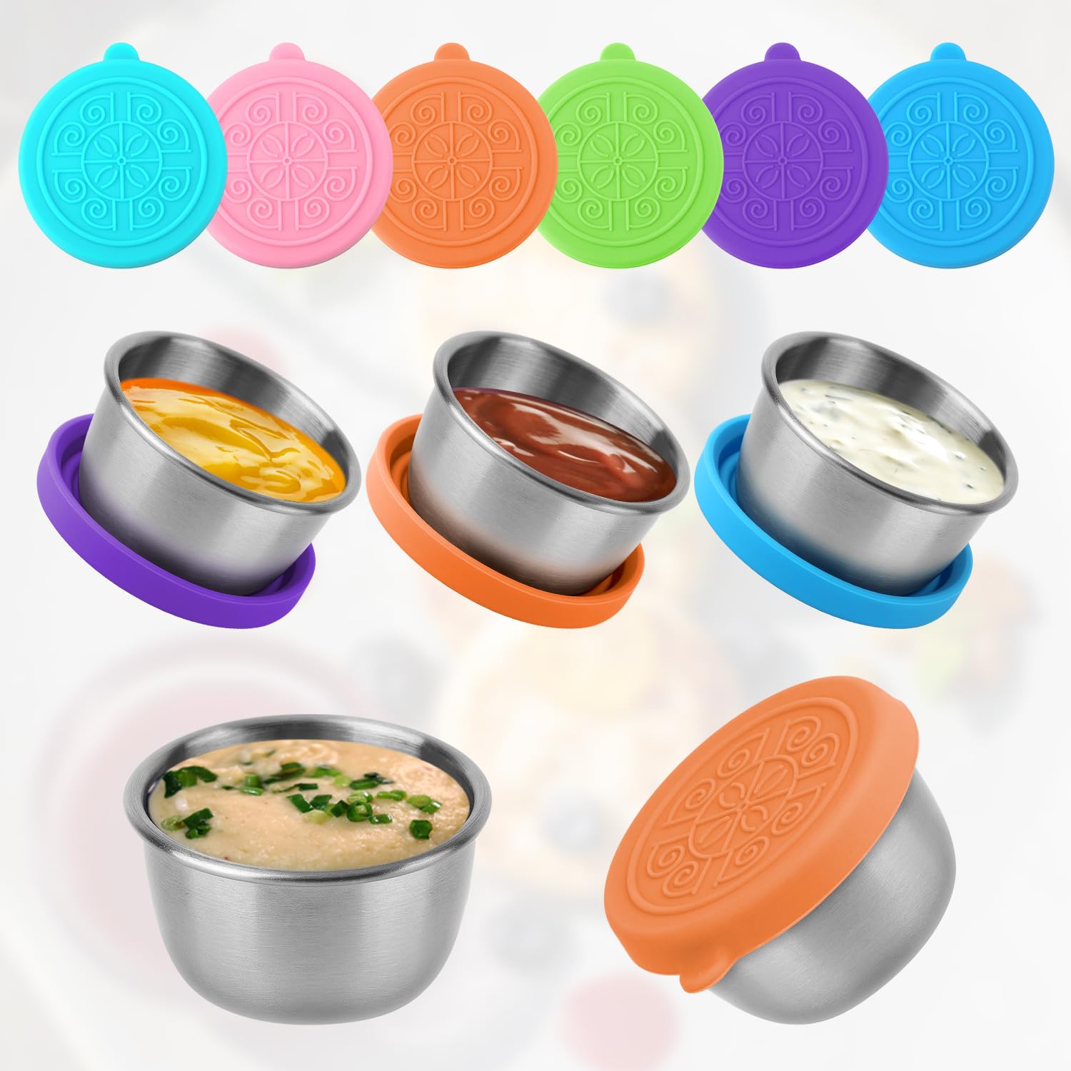 NQEUEPN 6pz Contenitori Condimenti Insalata, 40ml Portatili Contenitore Salsa Monodose con Coperchi, Acciaio Inossidabile Contenitori per Salse per Cibo da Asporto, Picnic, Viaggi