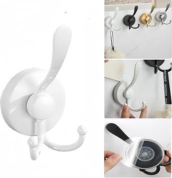 No-Drill Suction Cup Duck Tongue Twin Hooks,2024 Upgraded Stainless Steel Waterproof Hooks for Bathroom,Shower,Kitchen,and Mirrors Heavy Duty Towel Holders White