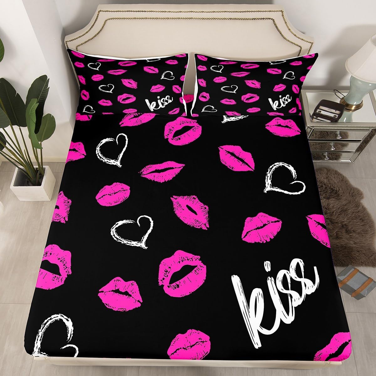 Lips Print Fitted Sheet Kiss Sheets,Romantic Women Red Lip Bed Sheets Full,Kiss Marks Bed Set Mouth Lipstick Trace Bedding Set Lovers Room Decor