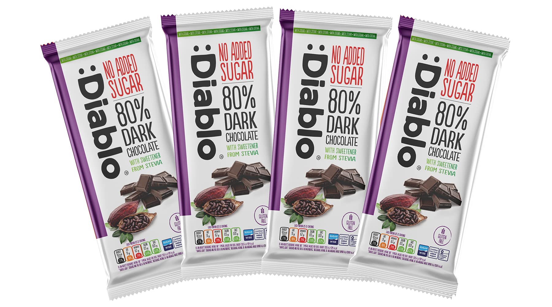 Diablo 80% Dark Chocolate |Sweetened with Stevia| No Added Sugar, Gluten Free | Perfect for Gifting (Pack of 4)