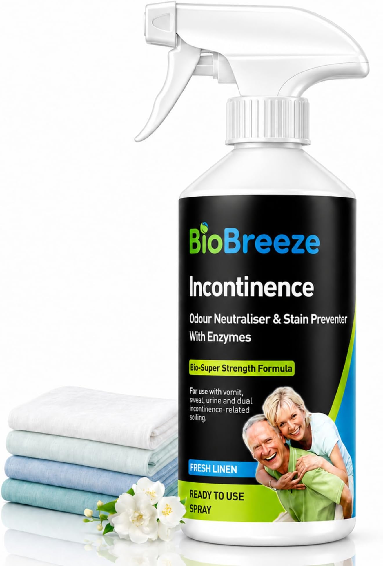 – Biobreeze Incontinence Odour and Stain Preventer with Enzymes - Carpet Freshener, Mattress & Upholstery Cleaner, Urine Neutraliser Linen Fresh Super Strength 500ml Spray Freshener