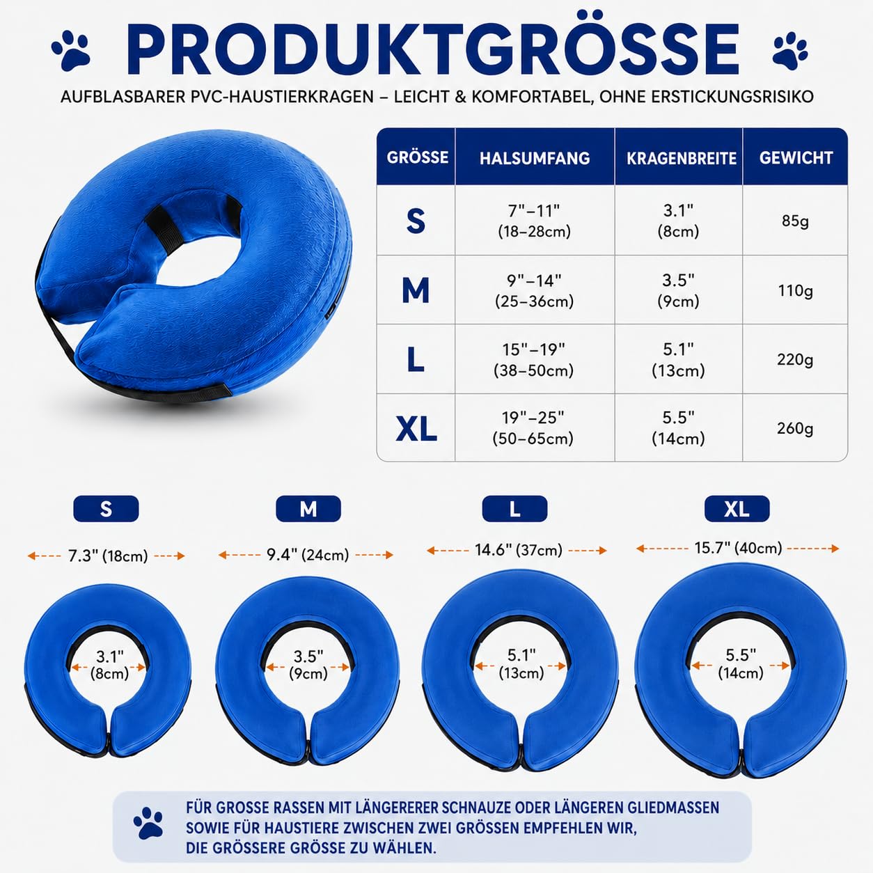 Aufblasbare Halskrause Hund, Weicher Schutzkragen, Blau L | Hunde mit einem Halsumfang von 38-50cm, Weicher Donut-Kragen mit Freier Sicht, Waschbarem Bezug und Verstellbarer Passform