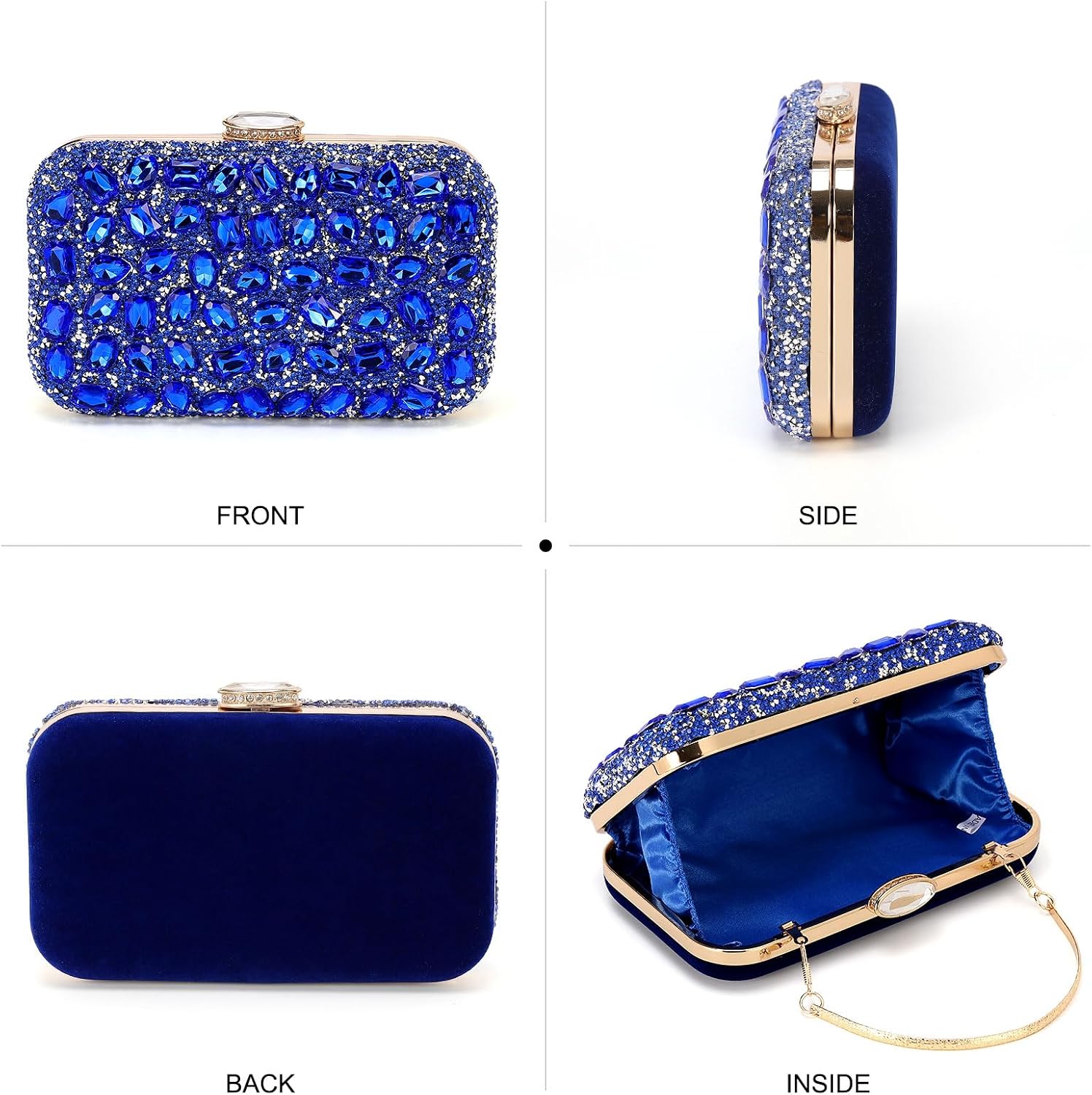 DTGN Evening Bags Clutch Purses for Women Formal, Gemstone Handbag Crystal Rhinestone Crossbody Square Bag with Chain Shoulder Bag Sparkly for Wedding Guest Party Blue