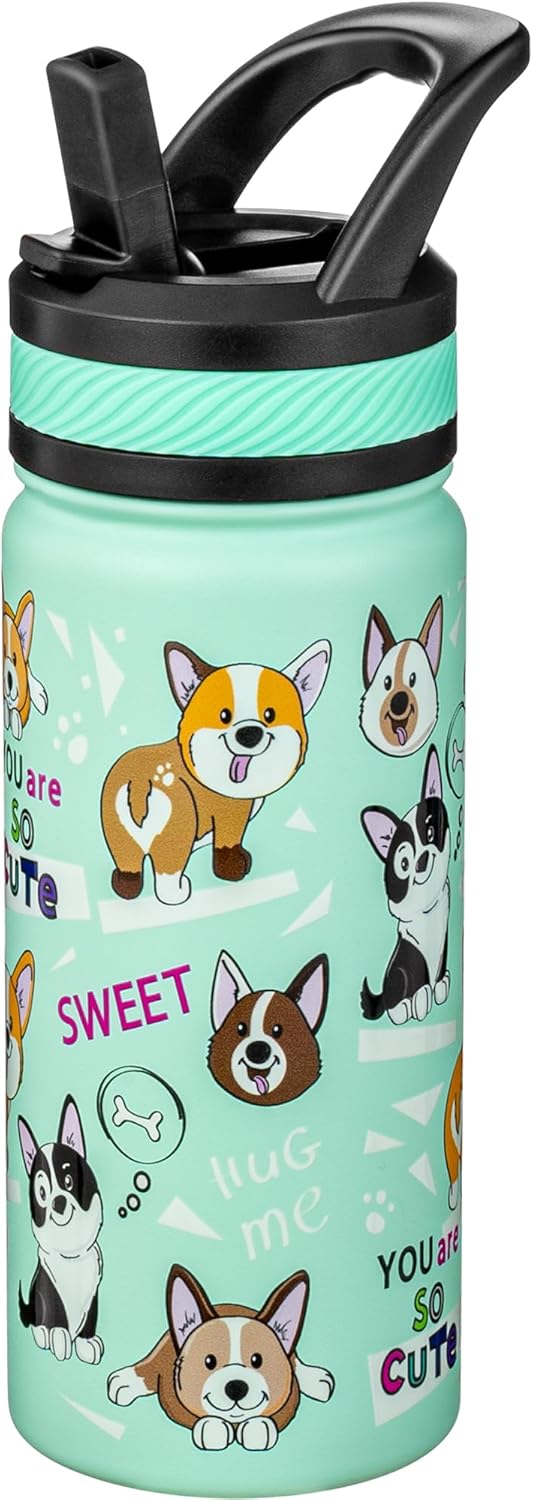 Fanhaw 18 Oz Kids Insulated Water Bottle with Straw - Stainless Steel Double Wall Vacuum Cup, Leakproof, BPA Free, Suitable for Boys and Girls(Green - Dogs)