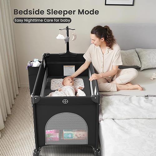 Miniatura 2 de Paquete grande y juega, cuna portátil con cambiador de pañales, colchón, juguetes y decoración colgantes, moisés de viaje para dormir junto a la