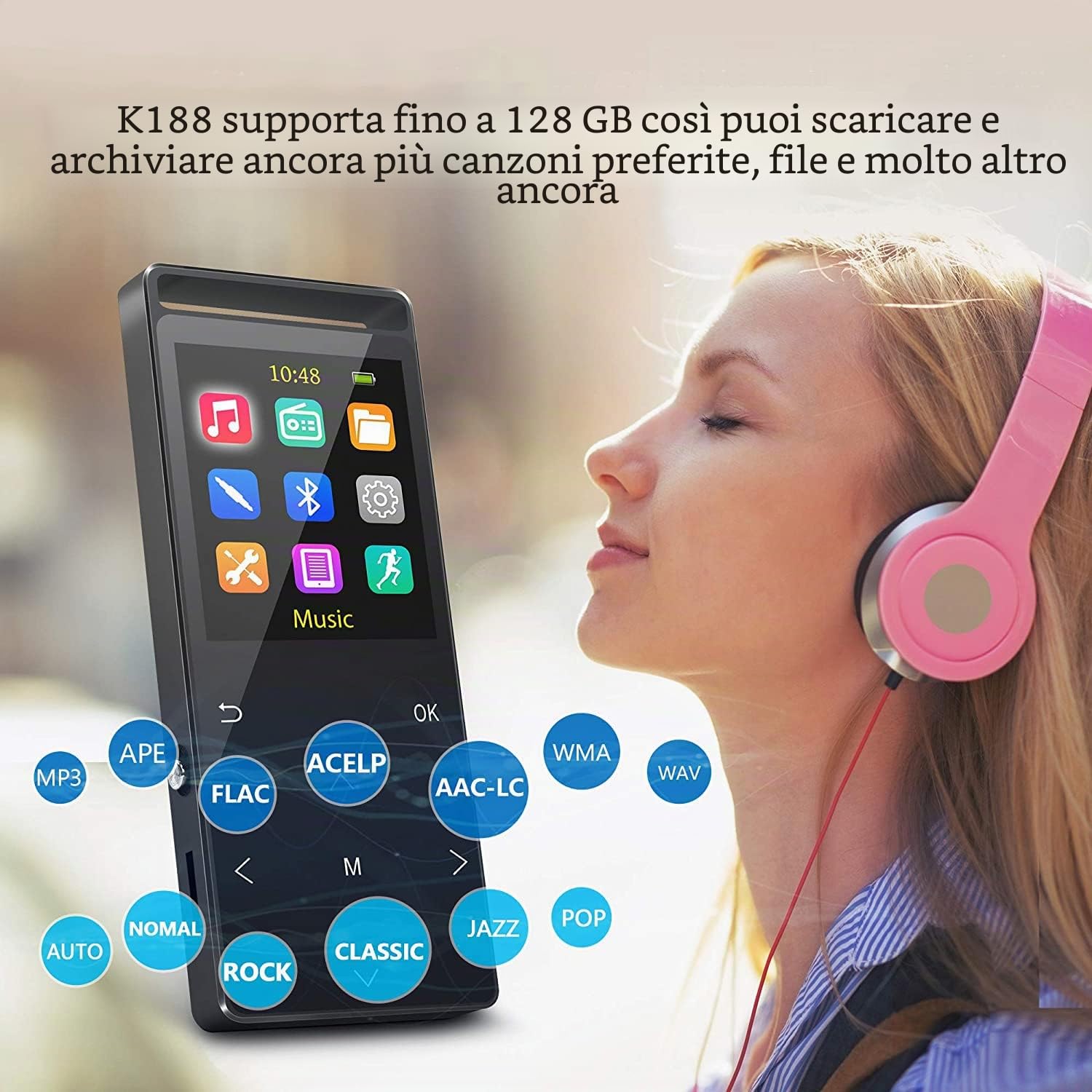 lettore MP3 Bluetooth,64GB con fascia da braccio sportiva,radio FM e registrazione,HIFI,scocca in metallo,nero opaco