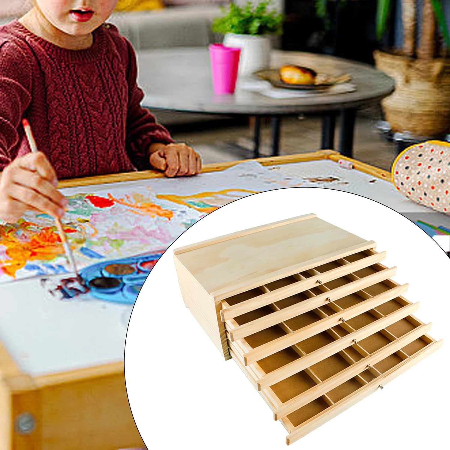 6 Cassetti Scatola Portaoggetti Per Artisti 40x25x15cm,Con 4 Cassetti,Portatile,Scatola Di Immagazzinamento Per l'Arte In Legno Di Faggio Premium,Per Pastelli,Matite,Pennelli,Timbri