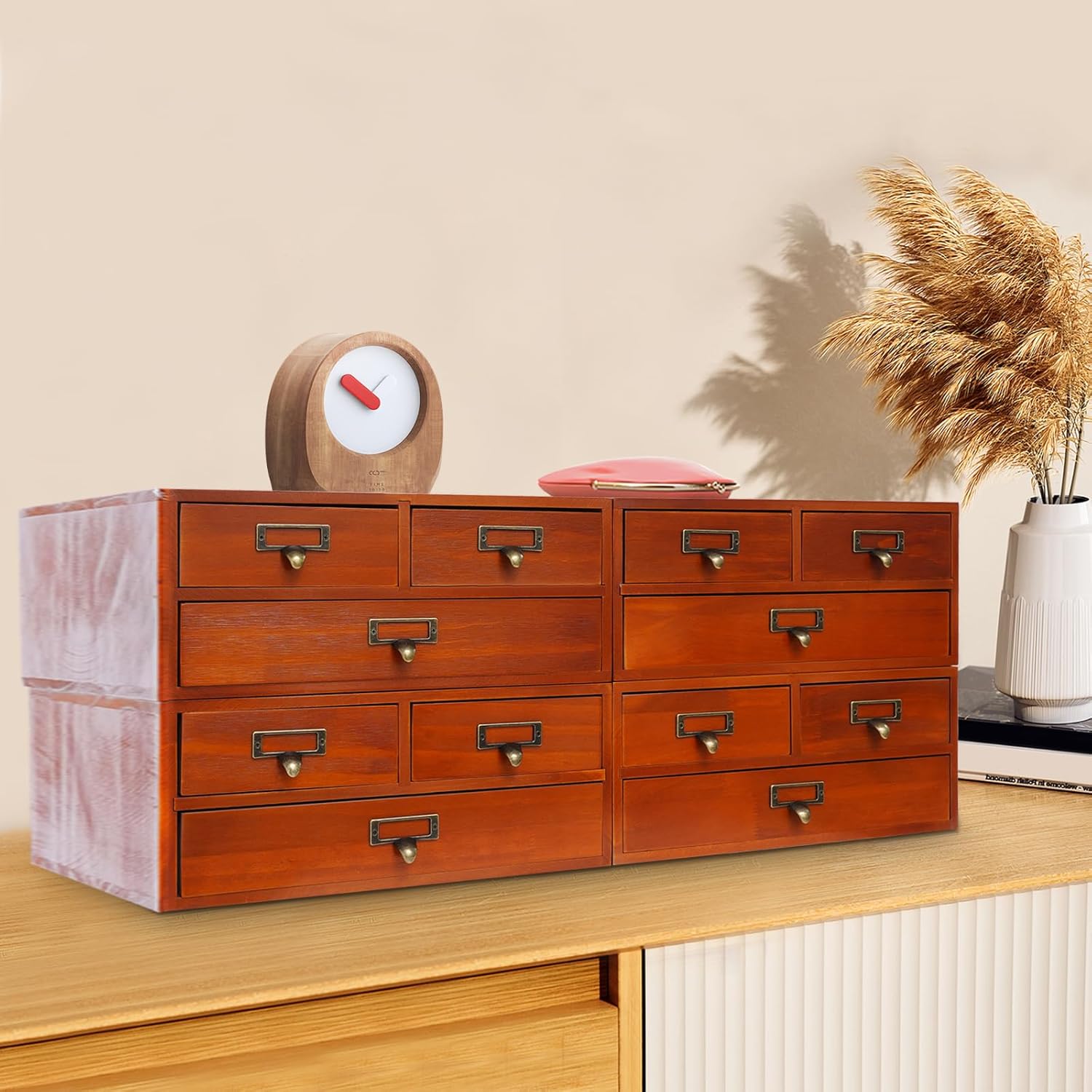 4-Pack Wooden Storage Box with 3 Drawers, Vintage Desktop Organizer Apothecary Cabinet Stackable Drawers with Label Holders for Herb Storage, Tea Collection, Stationery